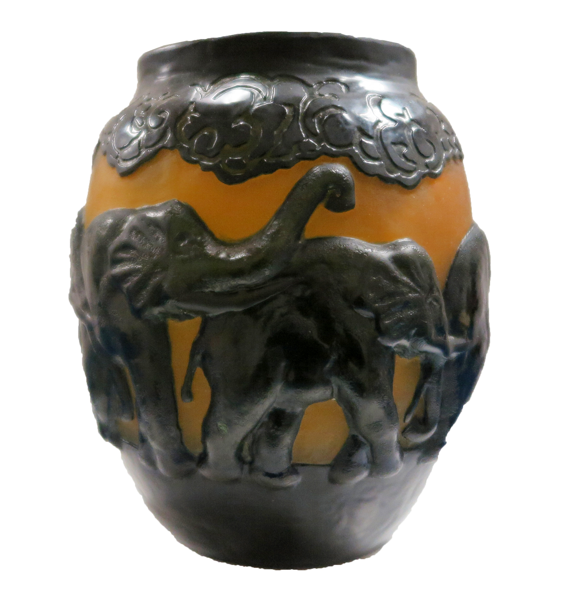 Mold Blown and Acid Etched Cameo Glass Elephant Vase Modernism
